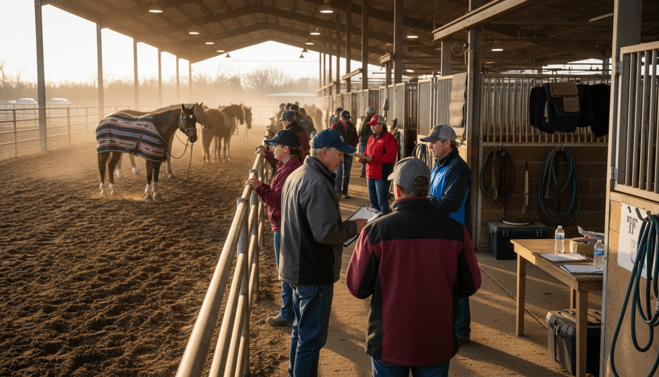 Committee members in embroidered jackets and shirts on the livestock grounds